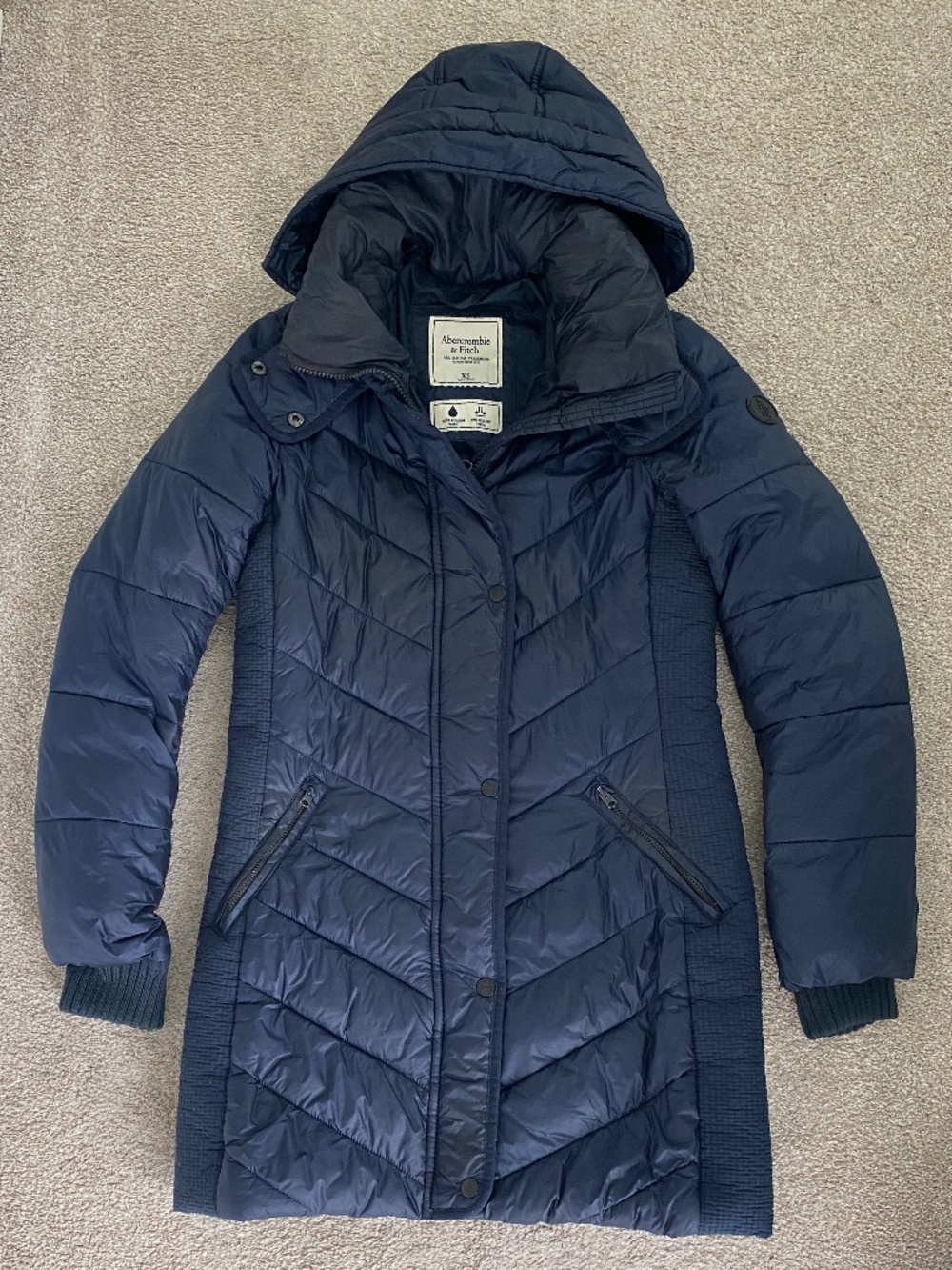 Abercrombie & Fitch Long Navy Puffer XS Wind & Water Resistant + Environ. Friend